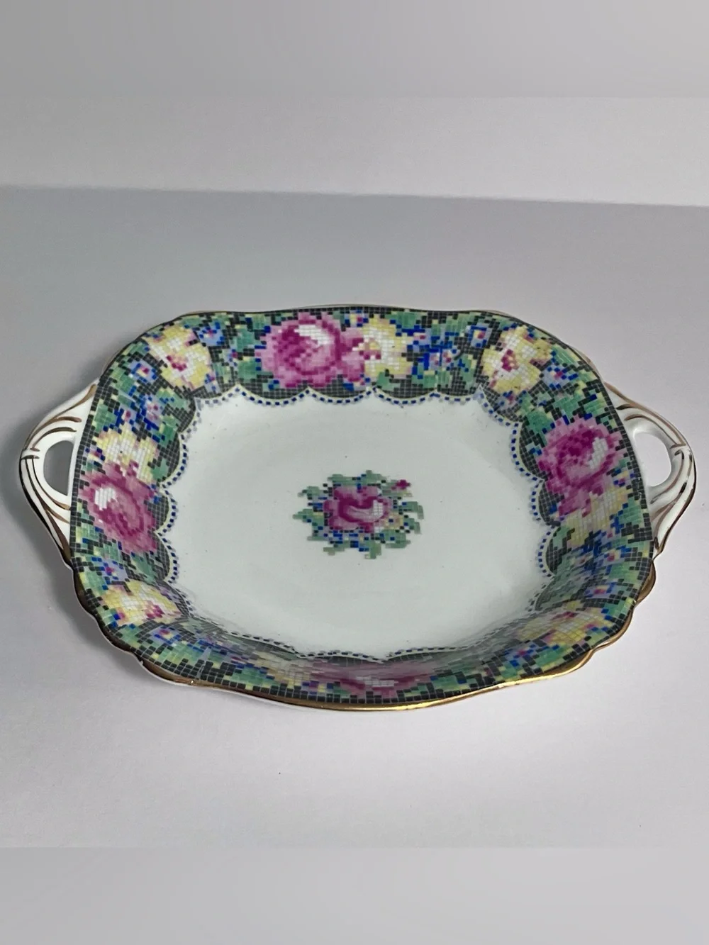 PARAGON Double Warrant GINGHAM ROSE Handled Tray / 1940s ENGLAND Bone China
